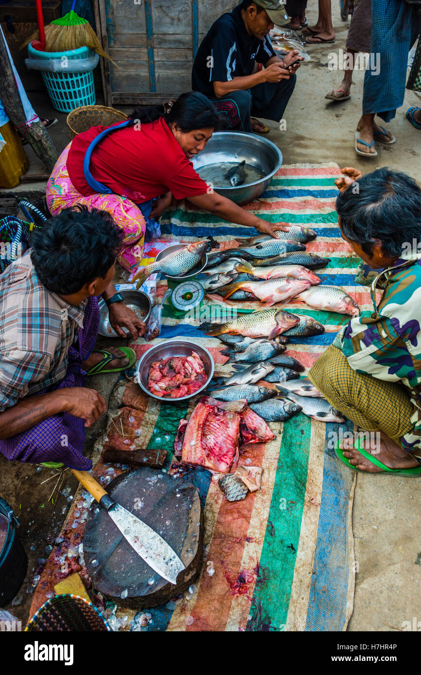 Market stand with fish on ground, full-framed, Nampan, Inle Lake, Shan State, Myanmar Stock Photo