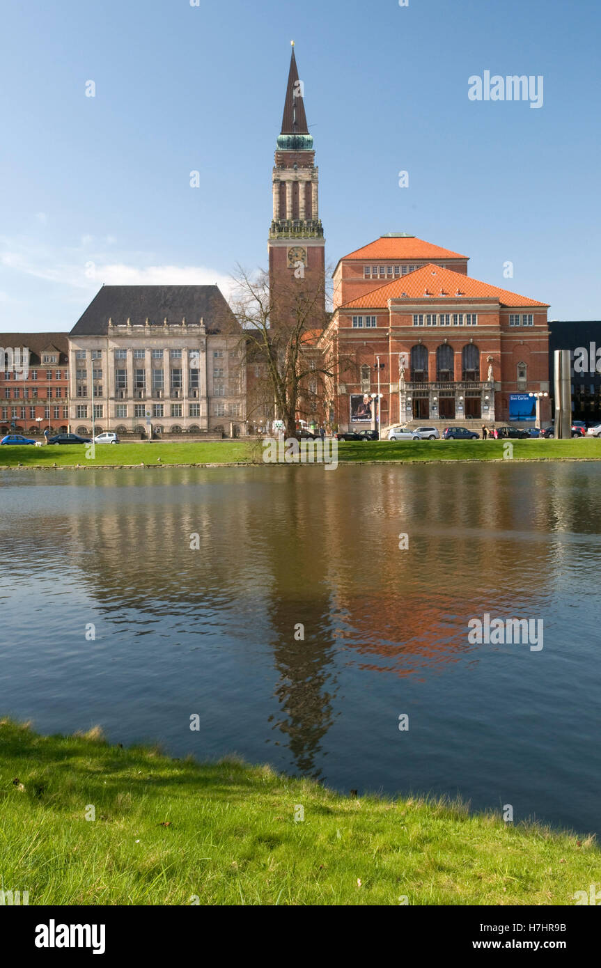 Kleiner Kiel lake with town hall and opera house, state capital of Kiel