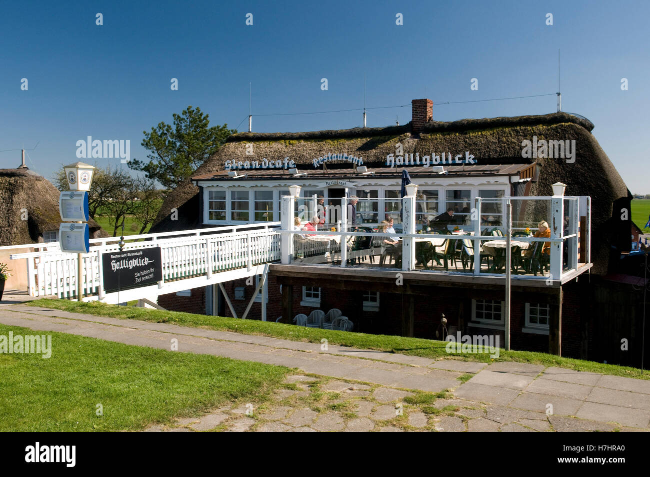 Restaurant and beachside coffeehouse Halligblick, Norderhafen harbor, Nordstrand island, Schleswig-Holstein Stock Photo