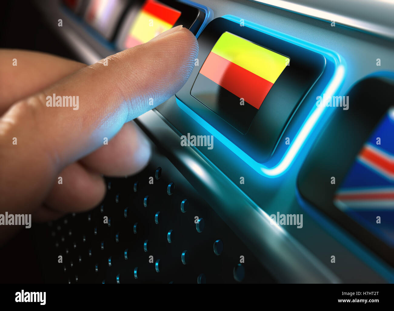 Finger pressing button with german flag on an multilingual interface. Concept of on-line languages courses and technology.  Comp Stock Photo