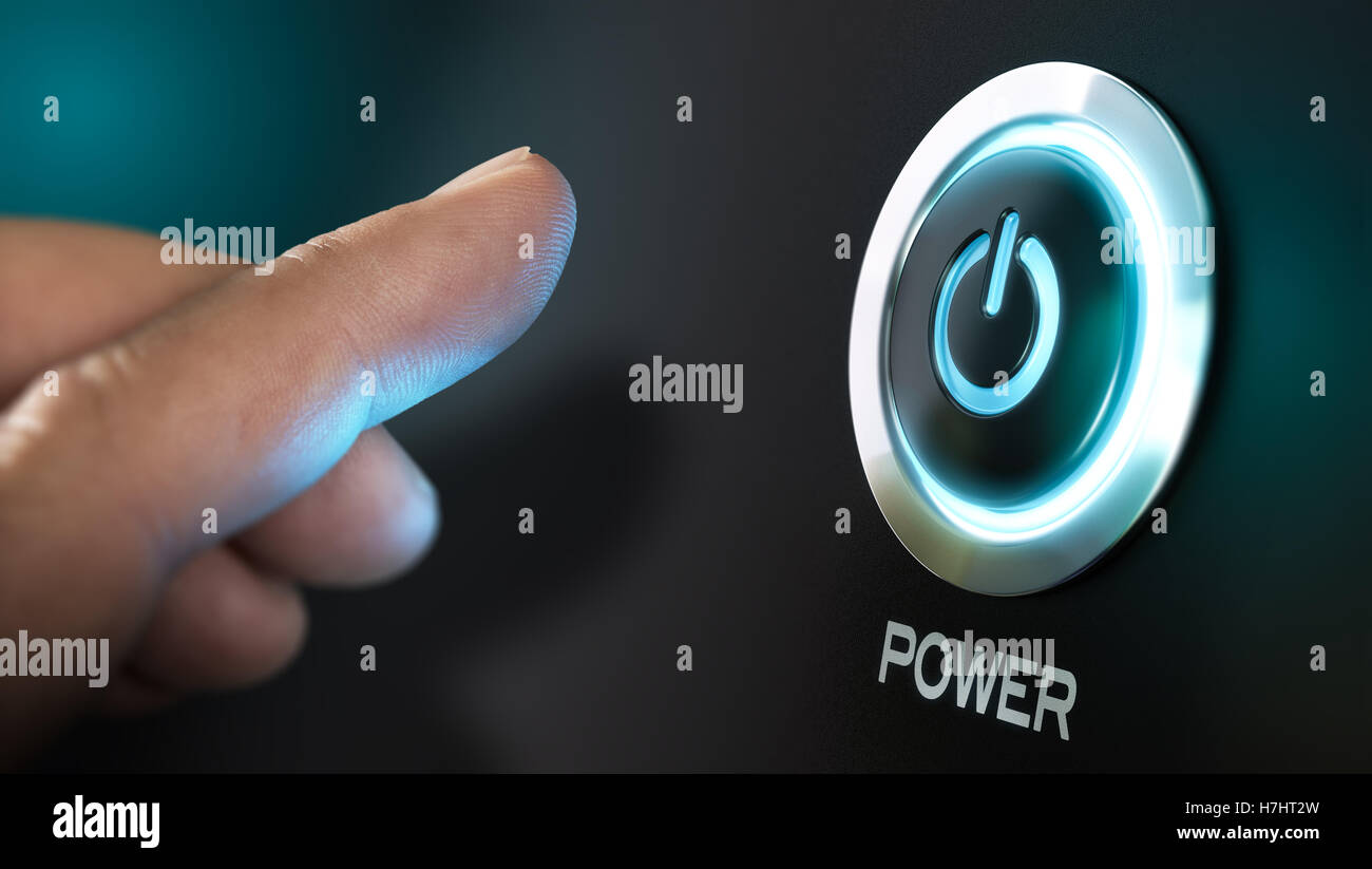 Finger about to press a power button. Hardware equipment concept. Composite between an image and a 3D background Stock Photo