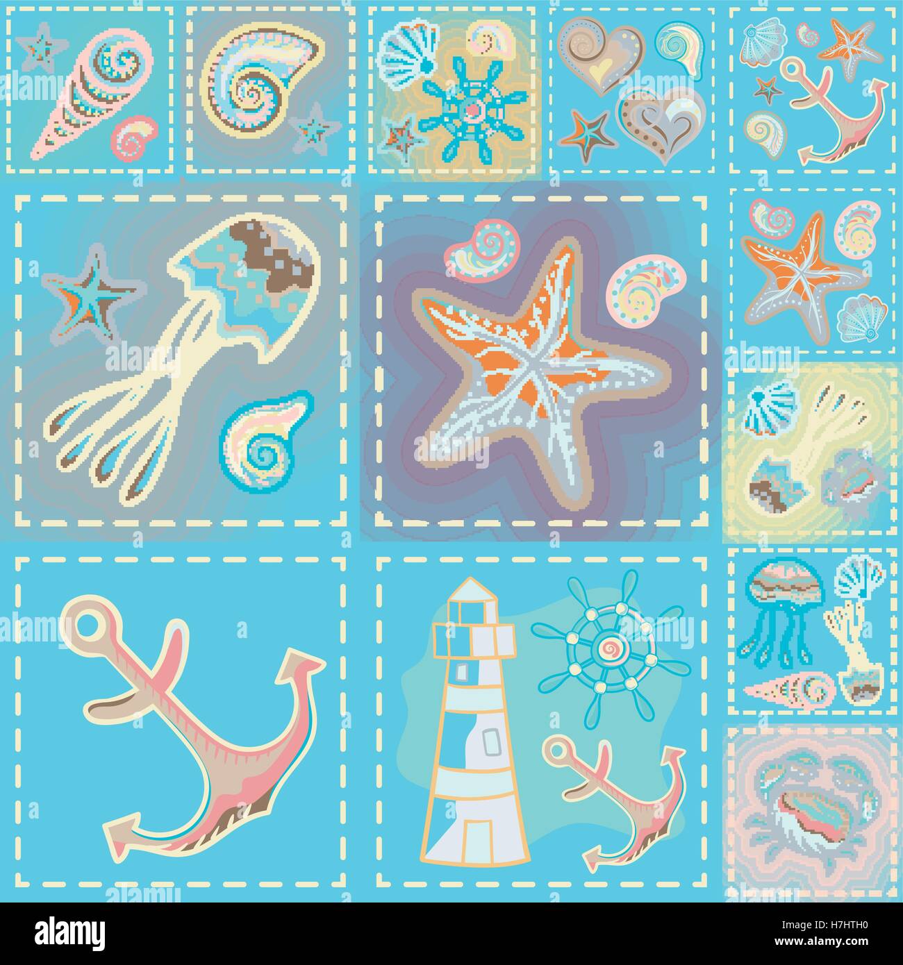 Navy vector seamless pattern. Waves, crab, wheel, anchor, star, heart. Stock Vector