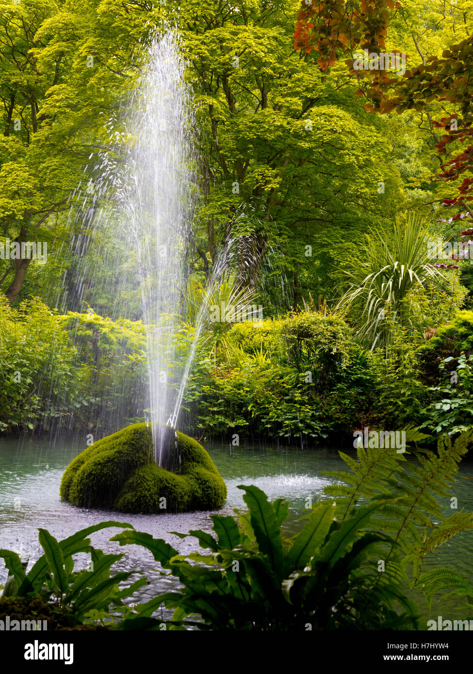 Decorative water fountain in Derwent Gardens a public park in Matlock Bath in the Derbyshire