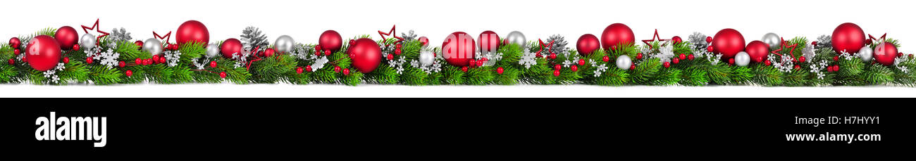 Extra wide Christmas border with fir branches, red and silver baubles ...