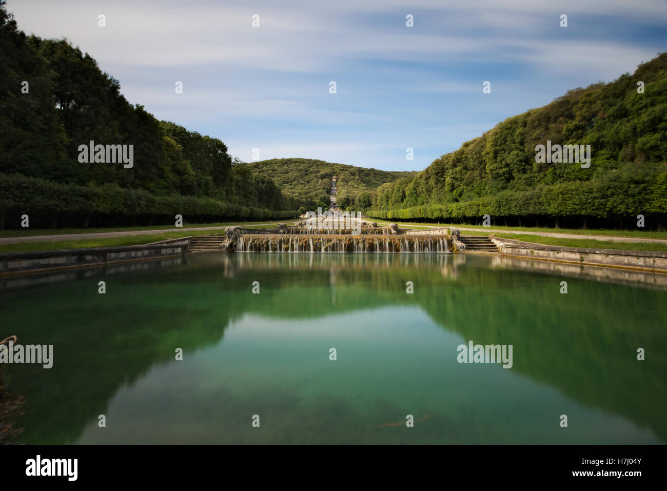 Long exposure of the gardens and reflecting pool. Royal Palace of Caserta, the Park. Stock Photo