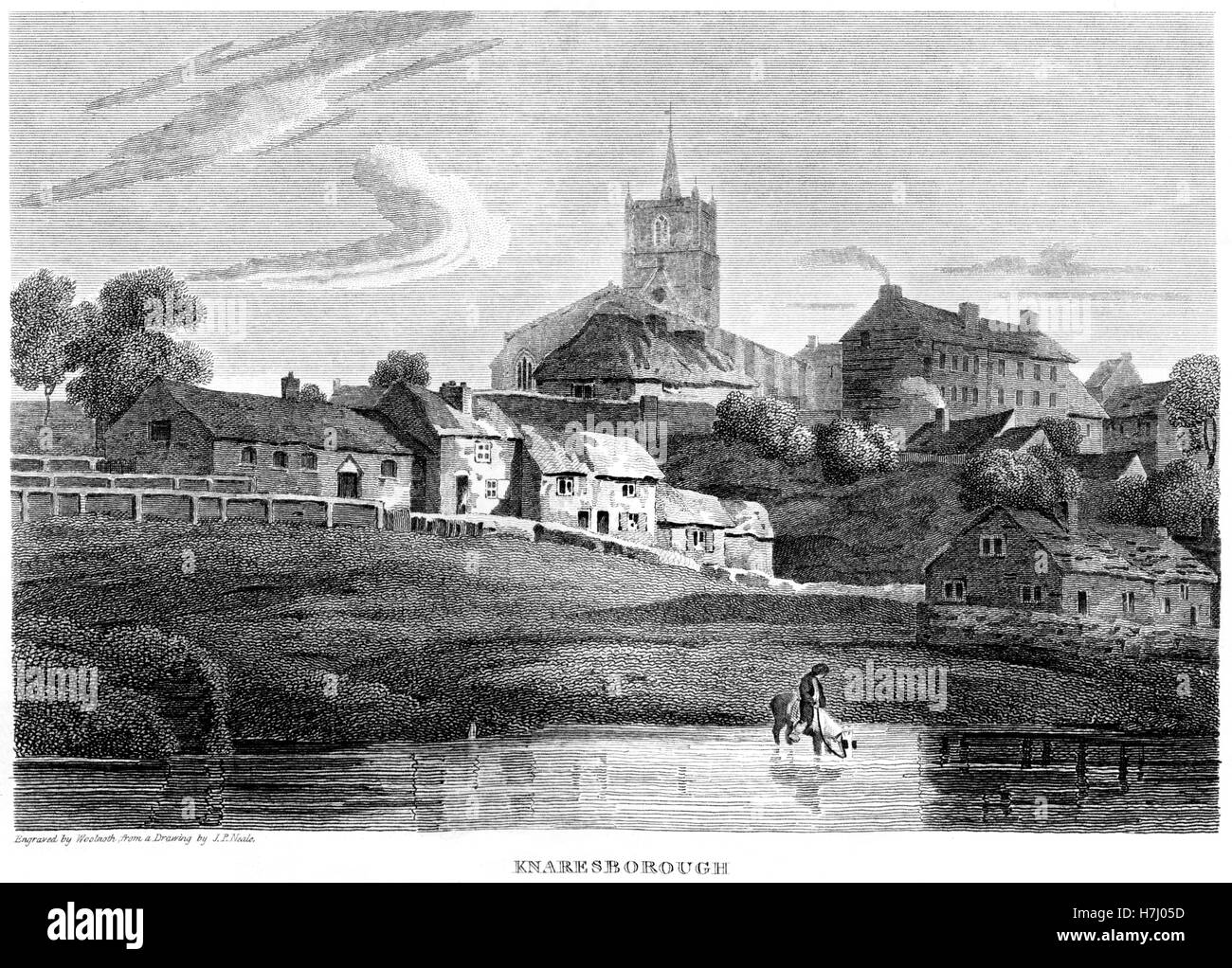 An engraving of Knaresborough, Yorkshire scanned at high resolution from a book printed in 1812. Believed copyright free. Stock Photo