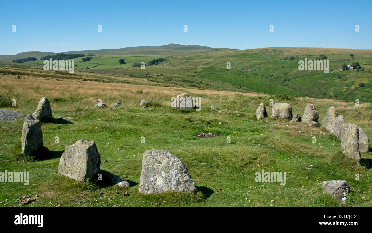 Nine Stones circle on Belstone Common, Dartmoor Stock Photo