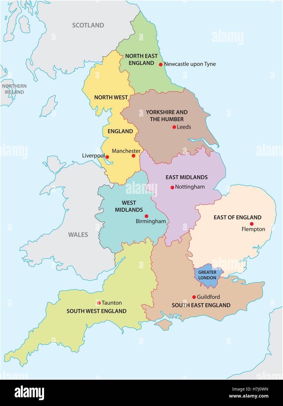 Outline map of the nine regions of England Stock Vector