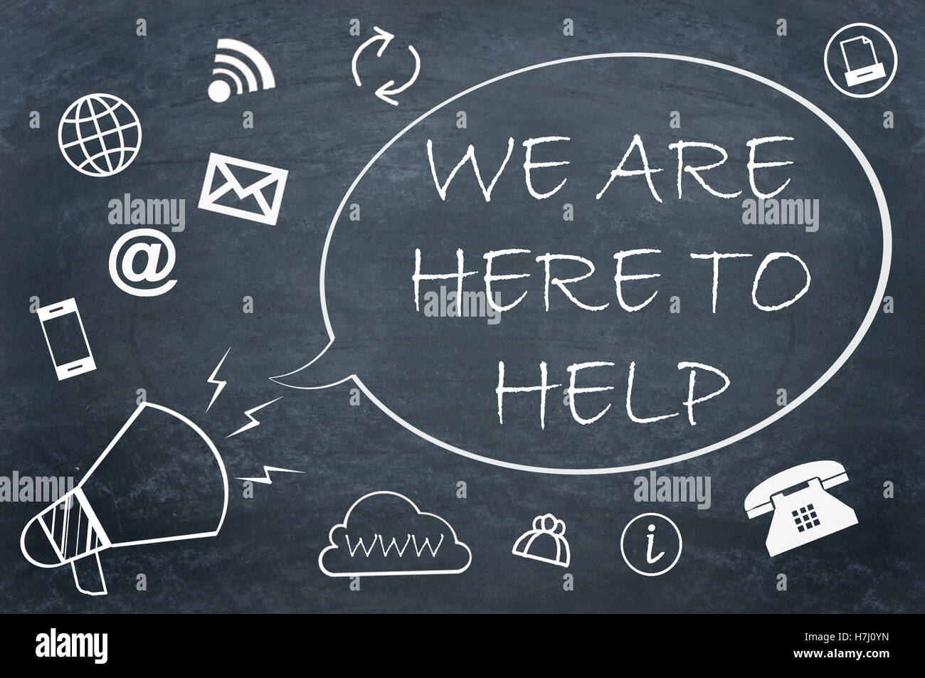 Drawing of a megaphone and talk bubble with we are here to help handwritten surrounded by contact icons Stock Photo