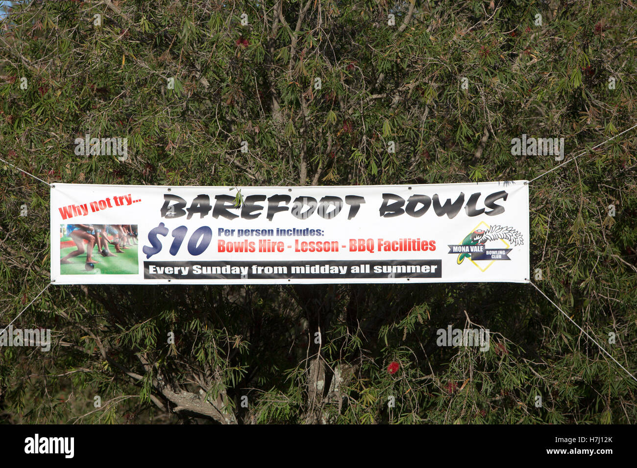 Banner tied between trees promoting a Barefoot bowls event in North