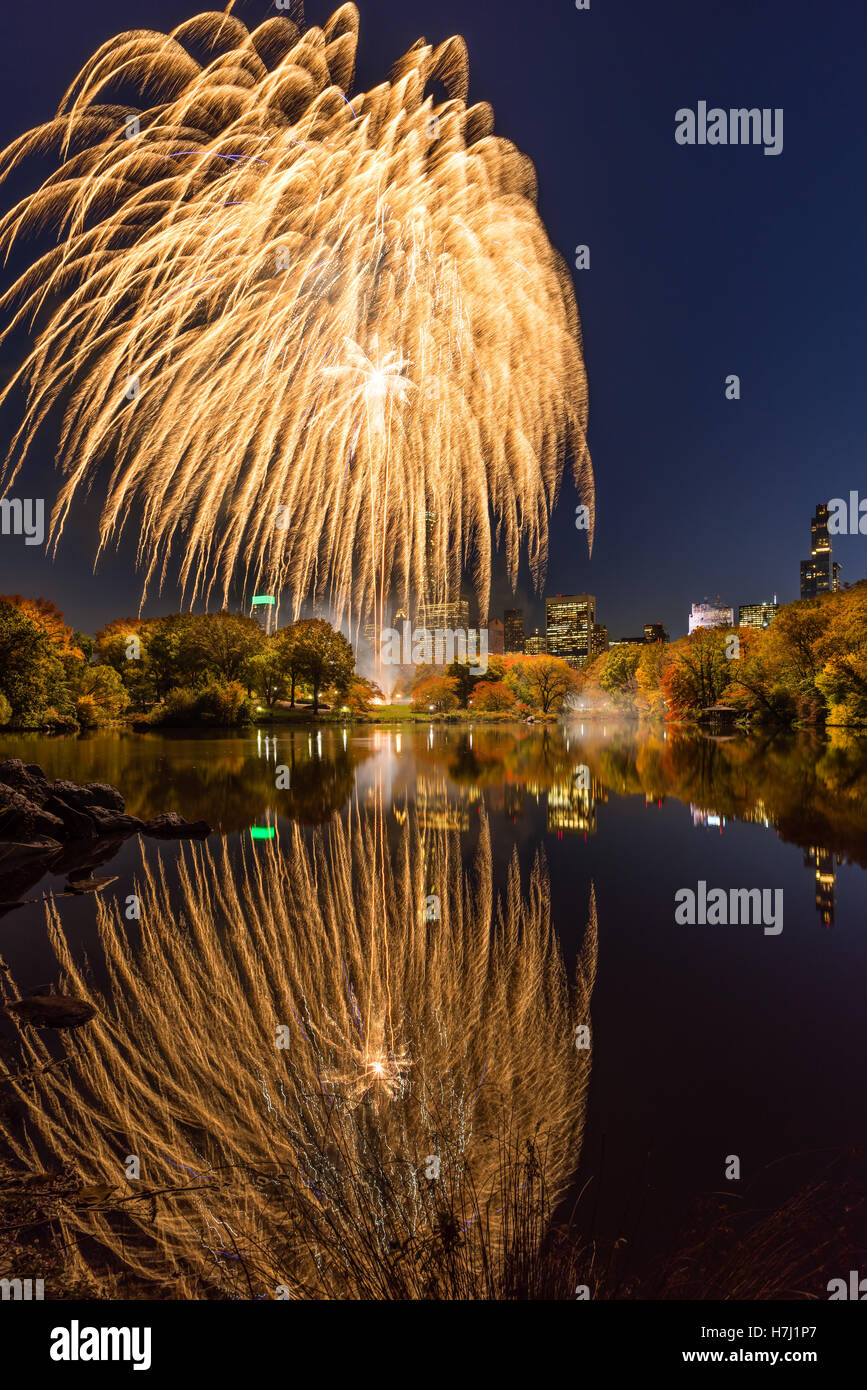 Central Park Fireworks celebrating the Marathon reflecting on the Lake
