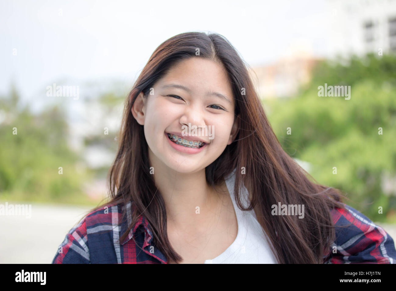 Asia Thai Teenager Women Scotch T Shirt Relax And Smile Stock Photo Alamy
