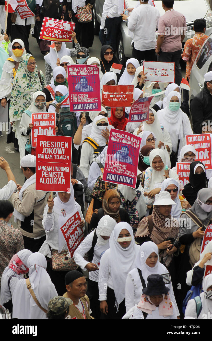 Moslem people alliances held a huge rally to condemn the blasphemy of their religion in the center of Jakarta City. Stock Photo