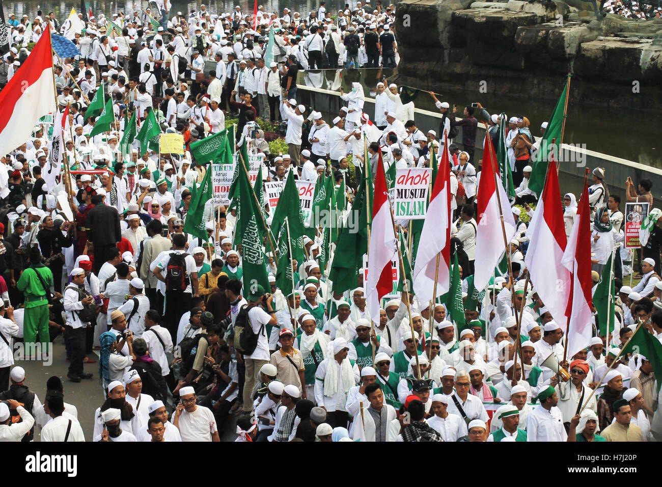 Moslem people alliances held a huge rally to condemn the blasphemy of their religion in the center of Jakarta City. Stock Photo
