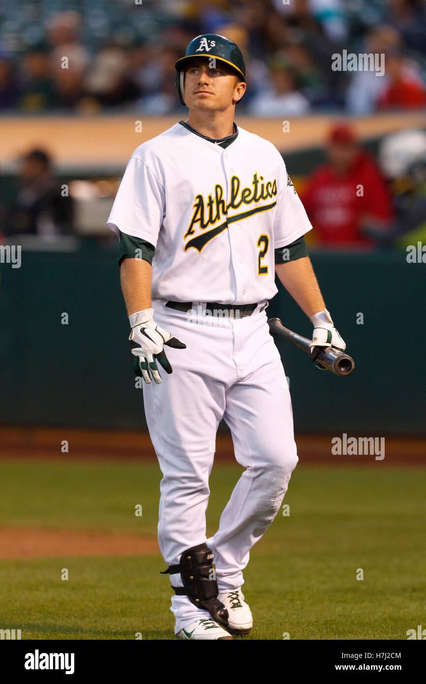 September 13, 2011; Oakland, CA, USA;  Oakland Athletics shortstop Cliff Pennington (2) returns to the dugout after striking out against the Los Angeles Angels during the first inning at O.co Coliseum.  Los Angeles defeated Oakland 6-3. Stock Photo