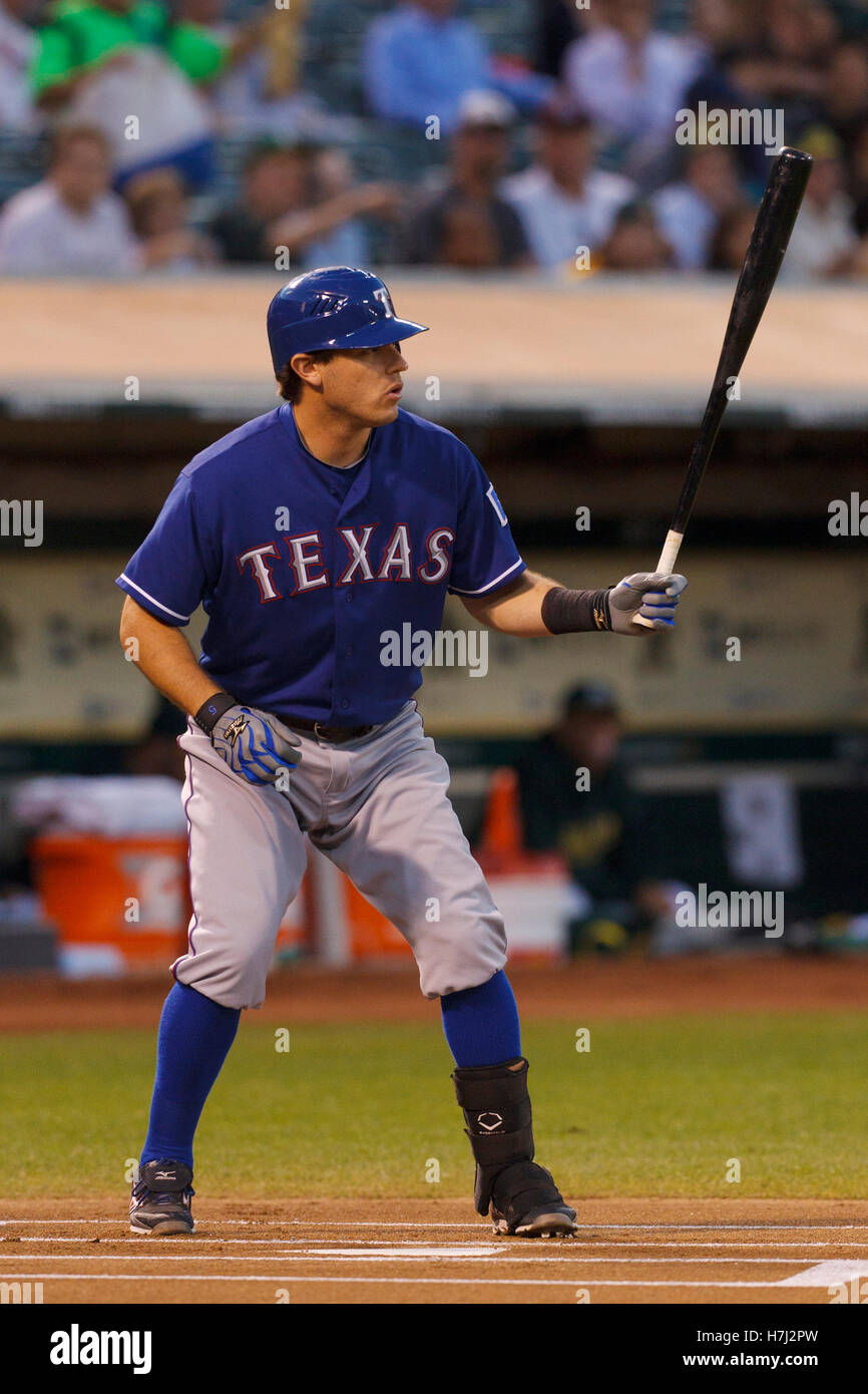 September 20, 2011; Oakland, CA, USA; Texas Rangers second baseman Ian  Kinsler (5) at bat against the Oakland Athletics during the first inning at  O.co Coliseum. Texas defeated Oakland 7-2 Stock Photo - Alamy