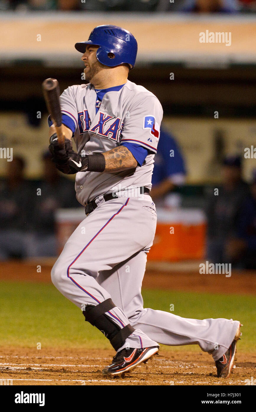 September 21, 2011; Oakland, CA, USA; Texas Rangers catcher Mike Napoli  (25) at bat against the Oakland Athletics during the second inning at O.co  Coliseum. Texas defeated Oakland 3-2 Stock Photo - Alamy