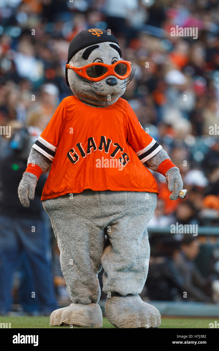San Francisco, CA: San Francisco Giants mascot Lou Seal looks on