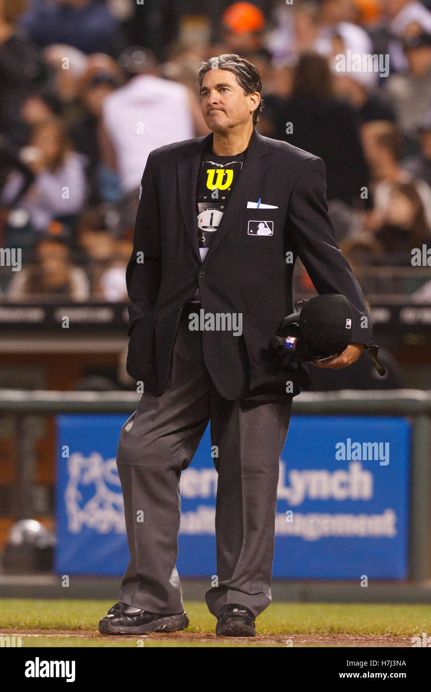 August 8, 2011; San Francisco, CA, USA; MLB umpire Ed Rapuano (19) stands behind home plate