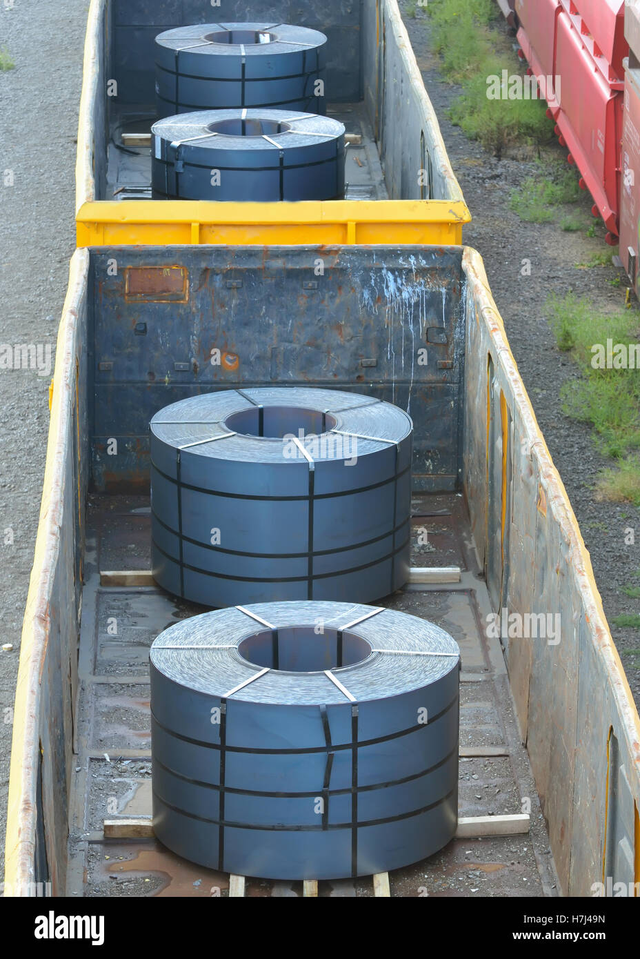 Cargo train platform with role steel seen from above Stock Photo