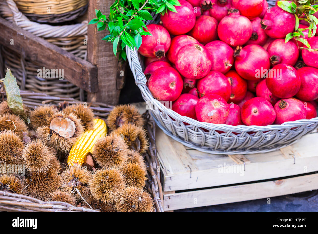 colorful still life with autumn fruits and vegetables in market of Campo di Fiori in Rome Stock Photo