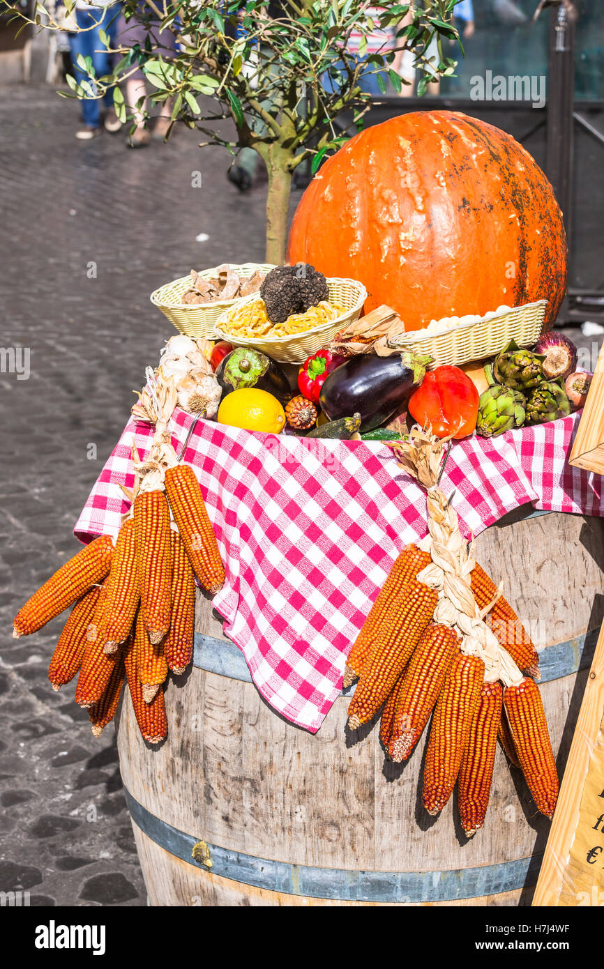 Colorful decoration in Rome,view with natural fruit and food,Italy. Stock Photo