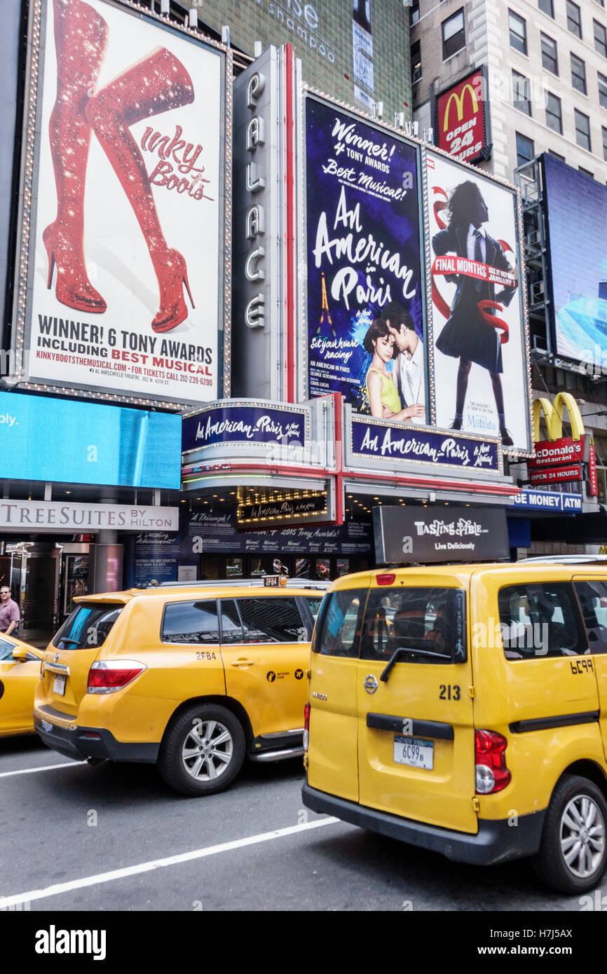 New York City,NY NYC Manhattan,Midtown,Broadway,Times Square,traffic,taxi,SUV,billboards,Palace Theatre,theater,marquee,billboard,Kinky Boots,An Ameri Stock Photo