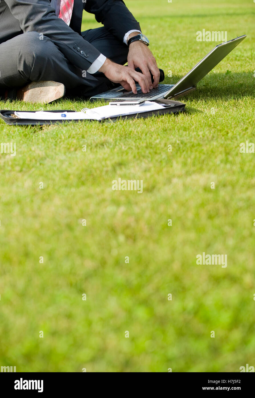 Businessman sitting in a park while using a laptop Stock Photo - Alamy
