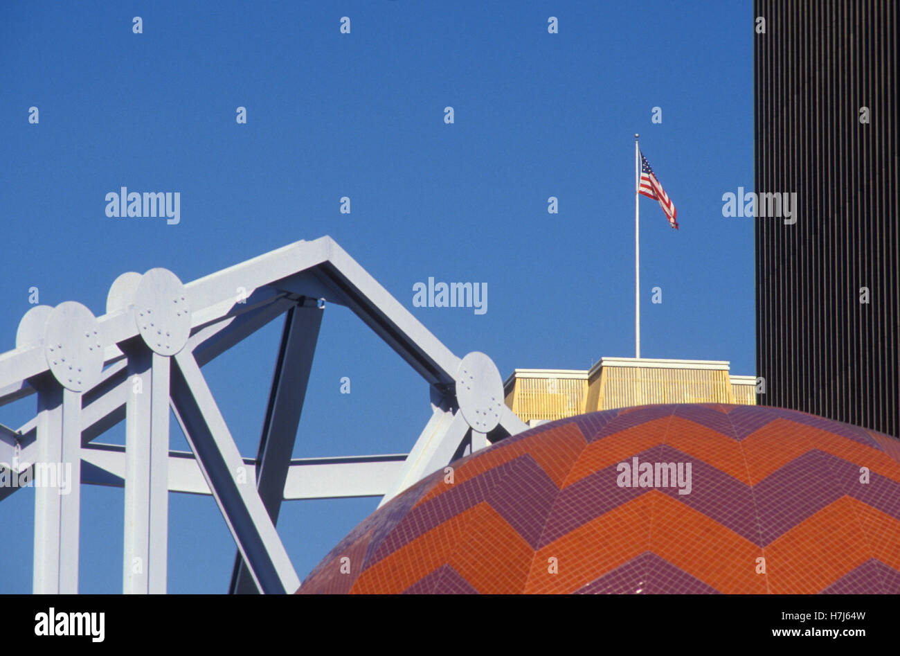 Architectural details in downtown San Diego, downtown, American flag, California, America, United States Stock Photo