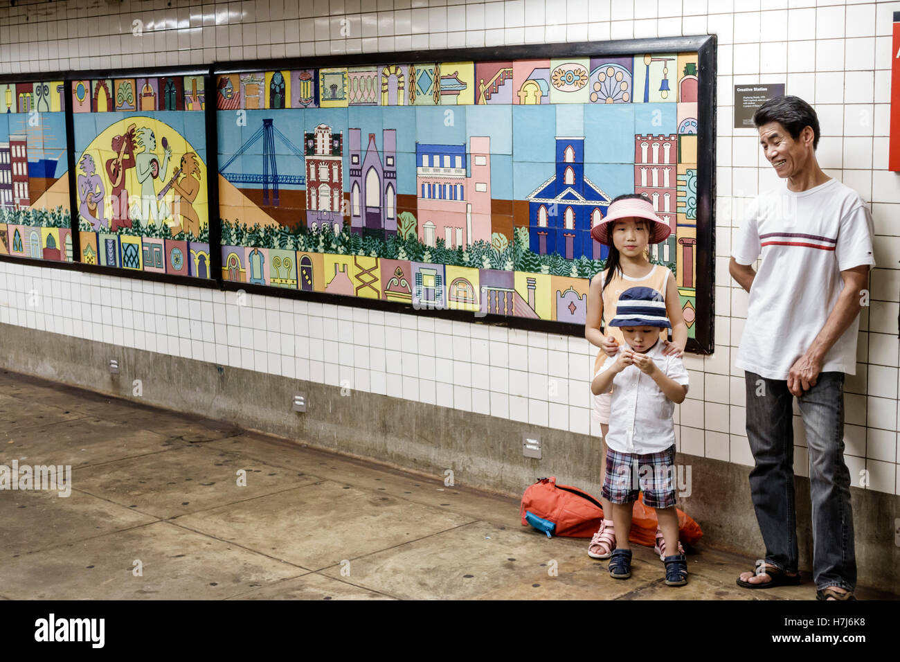 New York City,NY NYC,Lower Manhattan,subway,MTA,public transportation,rapid transit,East Broadway,station,art artwork,artwork,mural,Displacing Details Stock Photo
