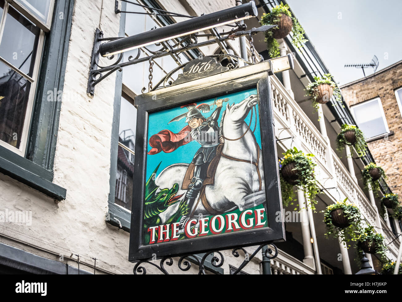 Closeup of the George Inn pub sign on Borough High Street, Southwark, London, England, UK Stock Photo