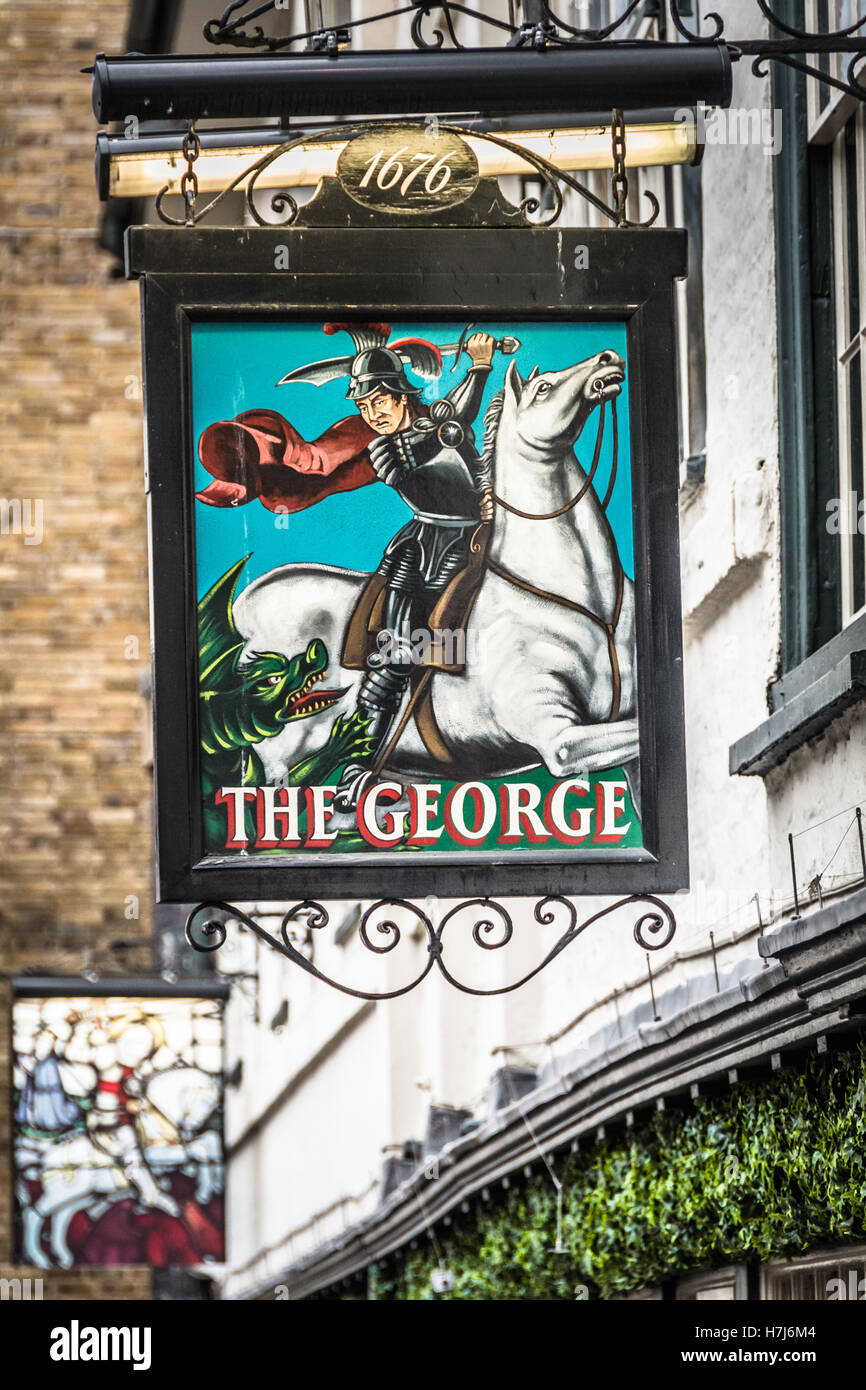 Pub sign outside The George Inn, Borough High Street, Southwark, London, UK Stock Photo