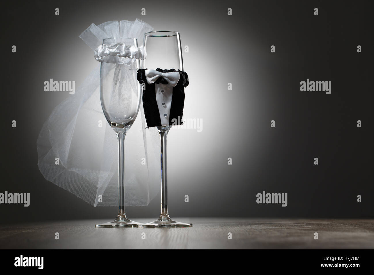 Two Empty Decorated Champagne Glasses For Wedding Party Stock