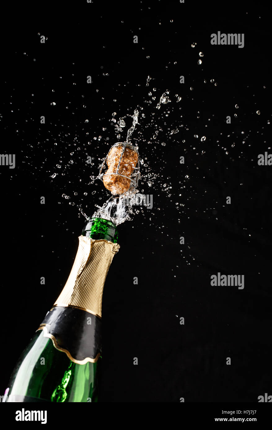 Cork flies out of champagne bottle isolated on black background Stock