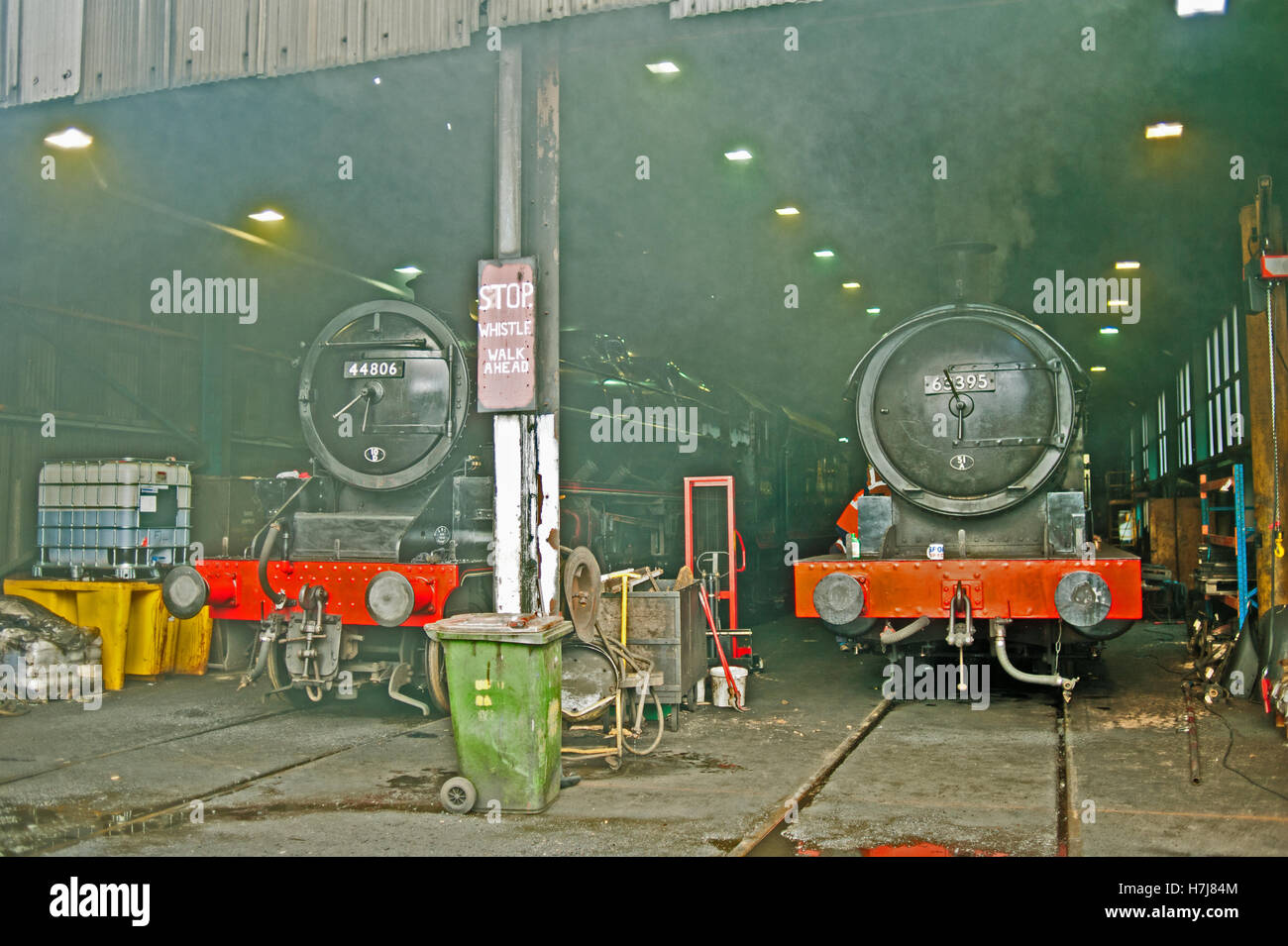 Black 5 and Q6 at Grosmont Locomotive depot, North Yorkshire Moors Railway on 23rd October 2016 Stock Photo