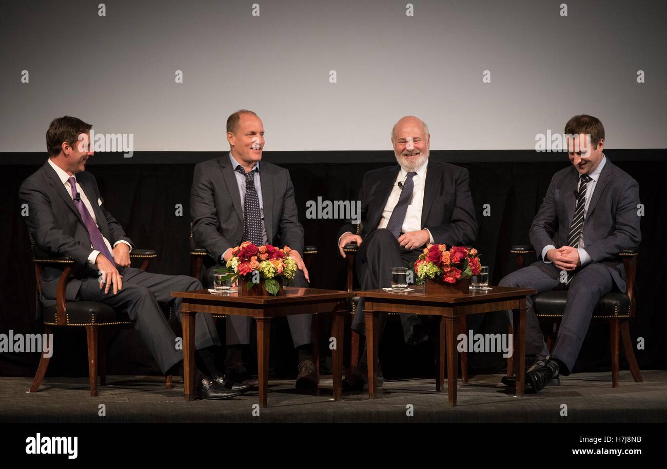 LBJ Presidential Library Director Mark Updegrove (left), actor Woody Harrelson, director Rob Reiner, and screenwriter Joey Hartstone participate in a panel discussion following a showing of the new film LBJ at the LBJ Presidential Library October 22, 2016 in Austin, Texas. Stock Photo