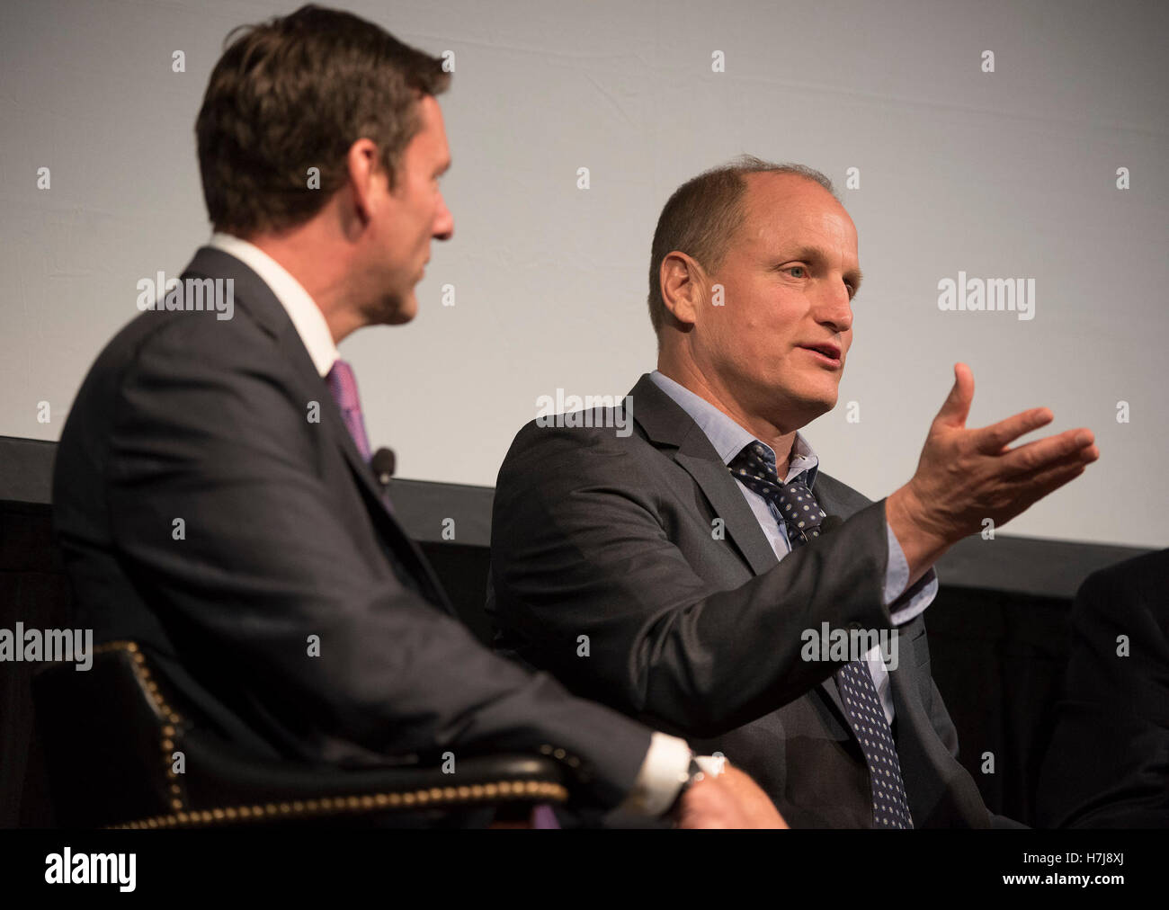 Actor Woody Harrelson and LBJ Presidential Library Director Mark Updegrove participate in a panel discussion following a showing of the new Rob Reiner film LBJ at the LBJ Presidential Library October 22, 2016 in Austin, Texas. Stock Photo