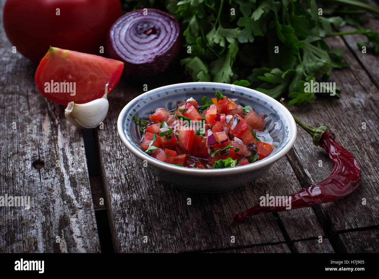 Mexican  tomato salsa sauce. Selective focus Stock Photo