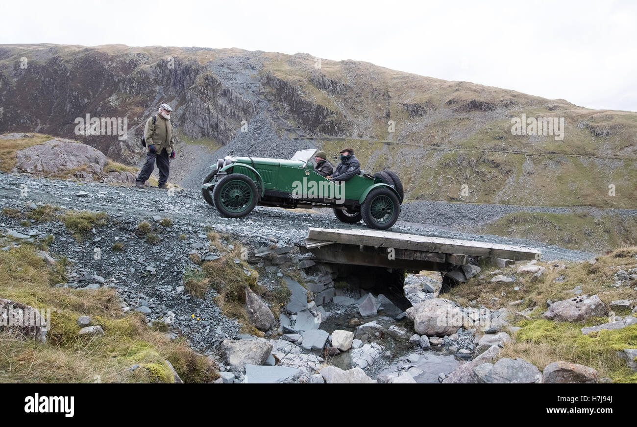 A vintage car races up the Honister pass in Cumbria, during the annual
