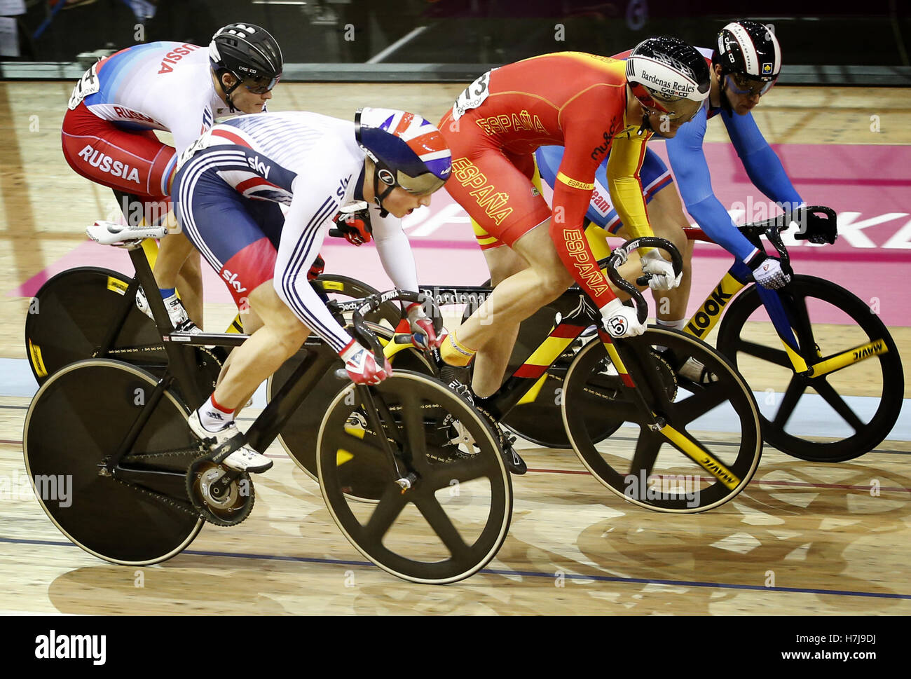 Great Britain s Joe Truman left in the heats of the Men s Keirin during day two of the UCI Track Cycling World Cup at the Sir Chris Hoy Velodrome Glasgow Stock Photo