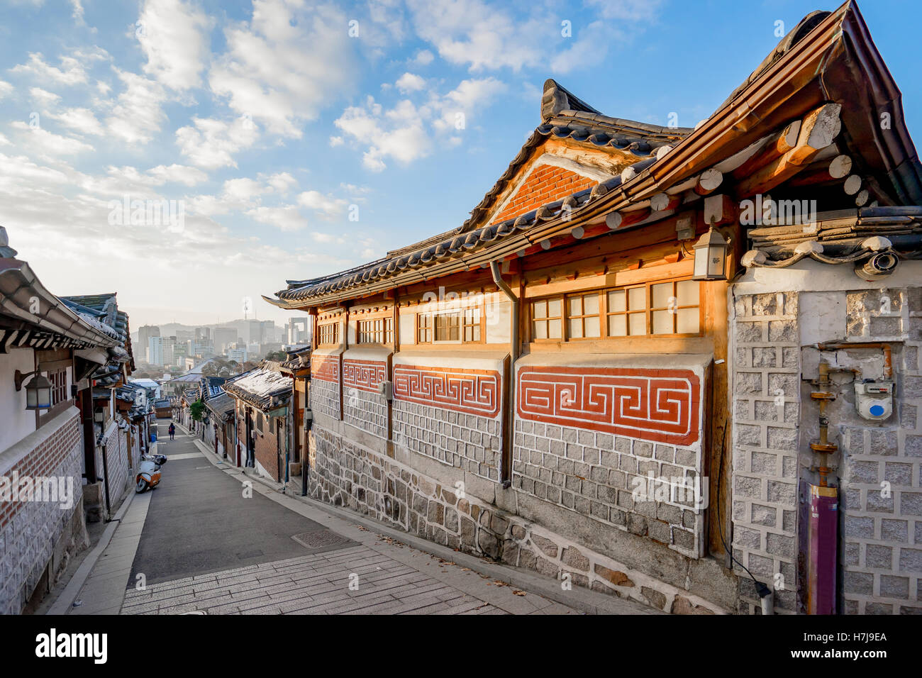 Traditional Korean style architecture at Bukchon Hanok Village in Seoul, South Korea. Stock Photo