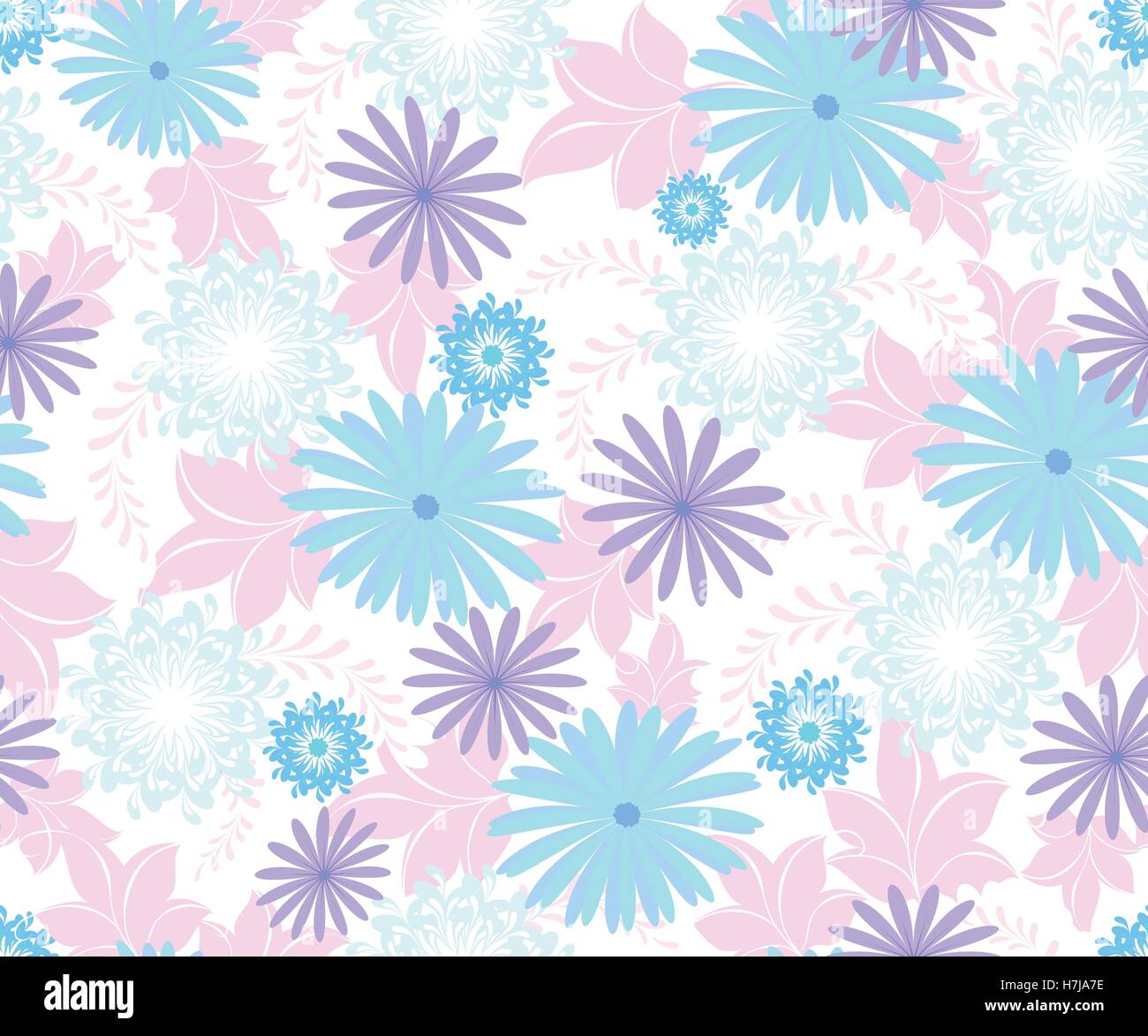 Seamless pattern with flowers cool blue shades on a homogeneous light ...