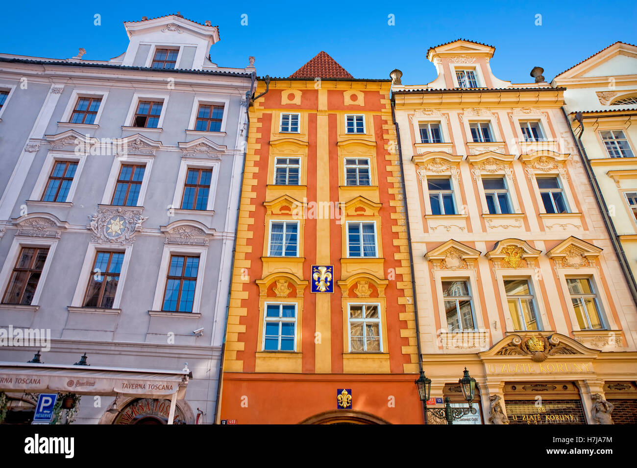 Buildings in Karlova street in Prague Stock Photo