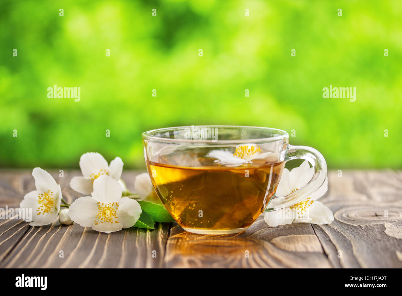 jasmine tea and jasmine flowers on  wooden background Stock Photo