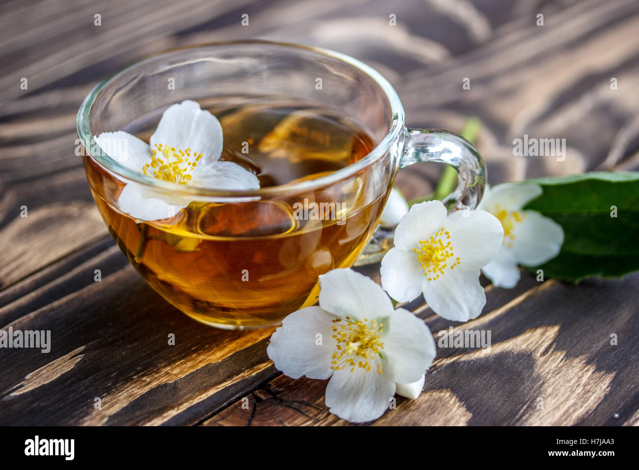 jasmine tea and jasmine flowers on  wooden background Stock Photo