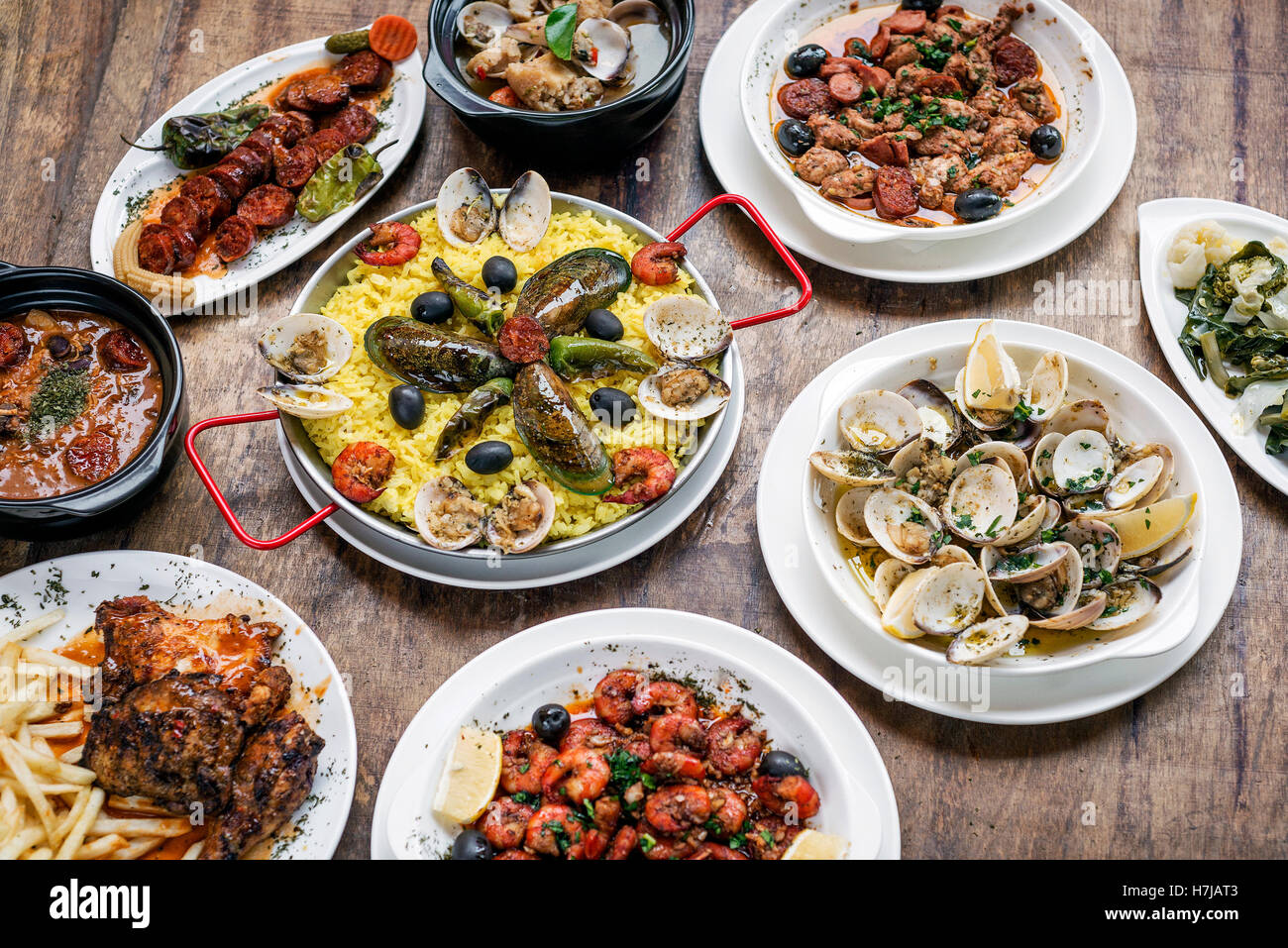 mixed portuguese traditional rustic tapas famous food selection on wood