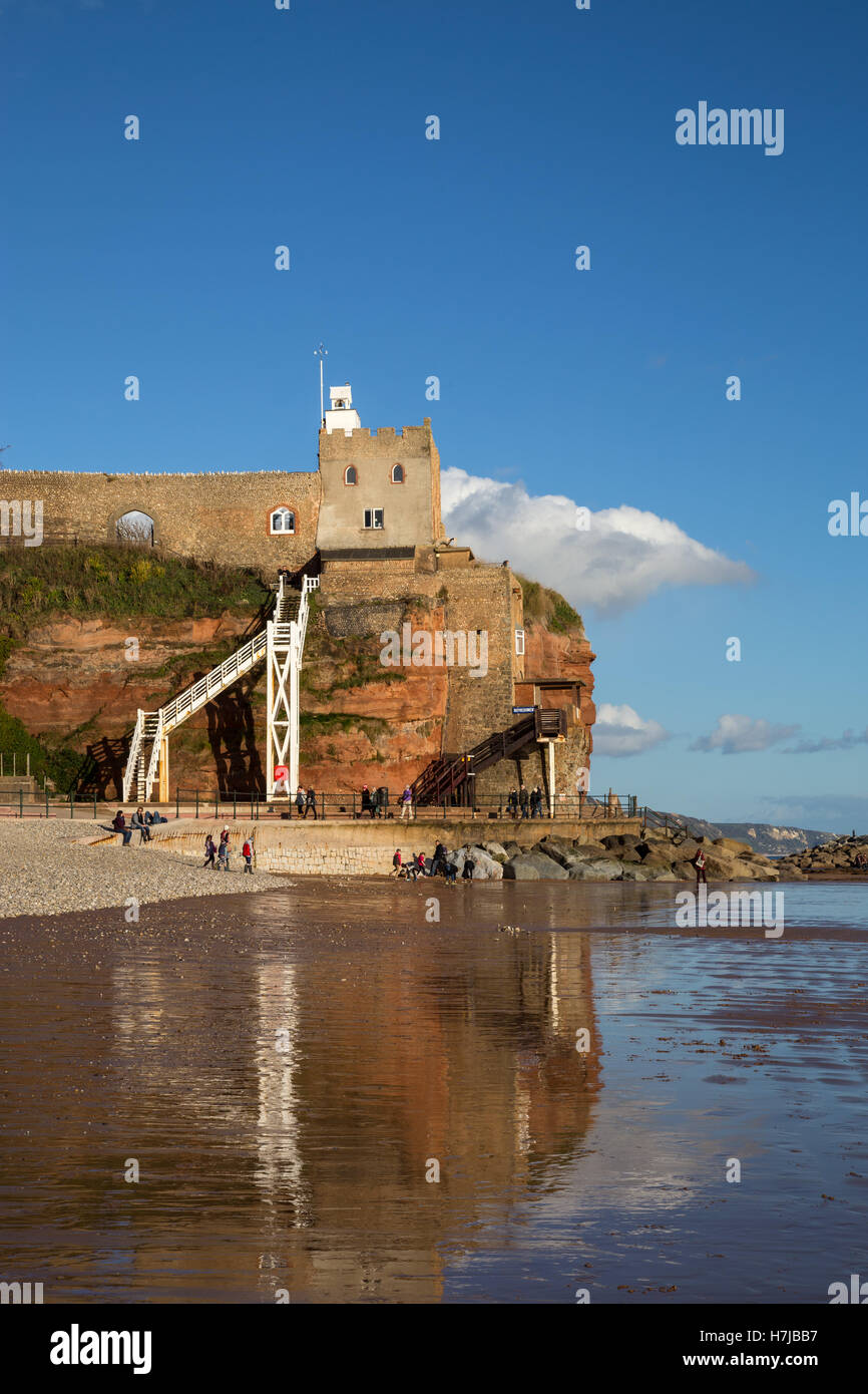 Sidmouth. Jacobs ladder and the western beach at Sidmouth, in Devon. The ladder is a set of wooden steps  leading up to Connaught Gardens Stock Photo