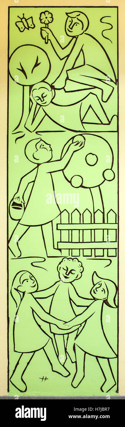 Green sgraffito 1957 by French sculptor Jean Henninger, nursery school interior decoration, Strasbourg, Alsace, France, Europe, Stock Photo