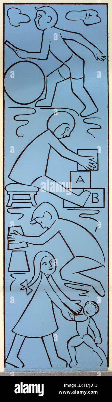 Blue sgraffito 1957 by French sculptor Jean Henninger, nursery school interior decoration, Strasbourg, Alsace, France, Europe, Stock Photo