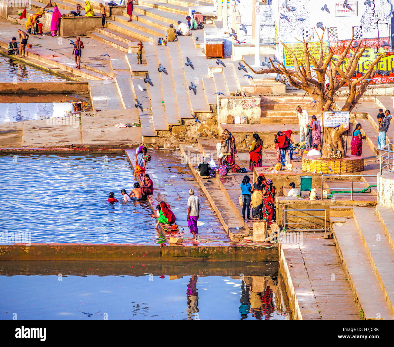 Hindu pilgrims bathing in sacred Lake Pushkar (Sarovar) on ghats ...